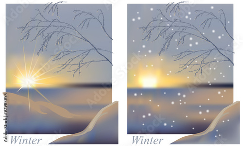 Winter sunrise snowing