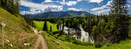 One hiker on trek in mountains