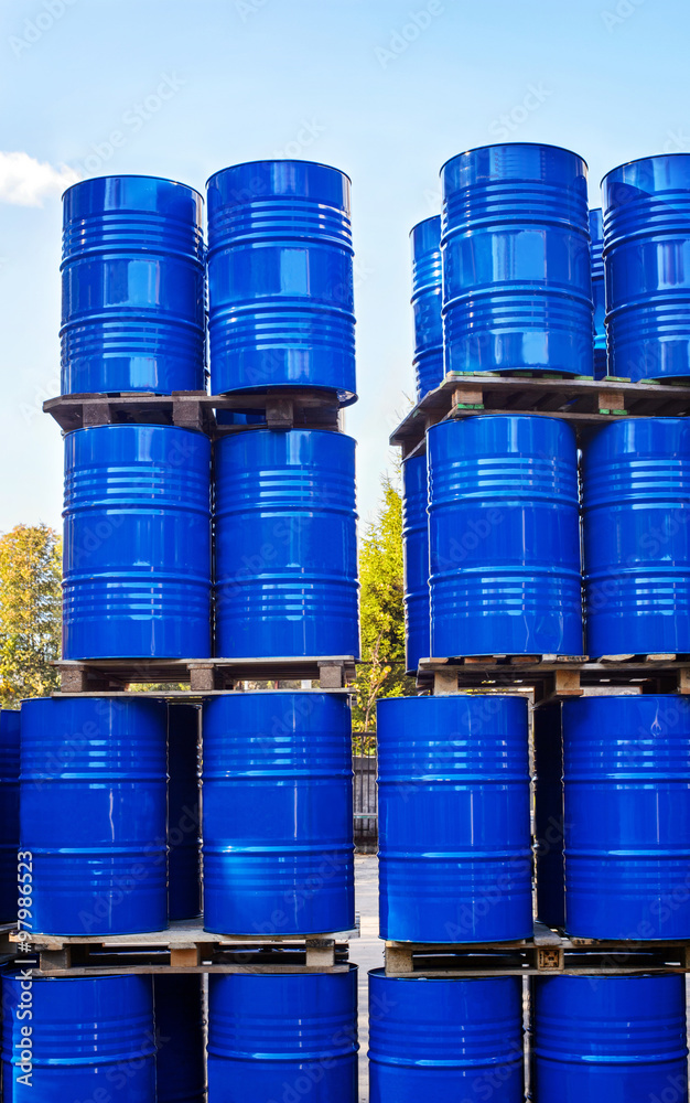 Drums of chemical production on a pallet in the storage of waste Drums of chemical production on a pallet in the storage of waste