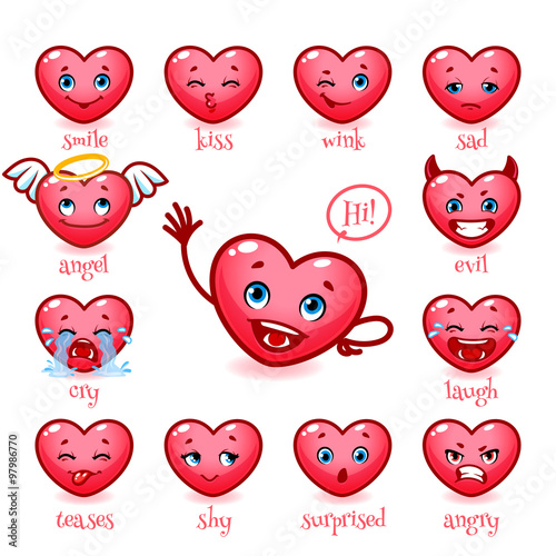 Set of emoticons funny heart. Smile, kiss, wink, sad, evil, cry,