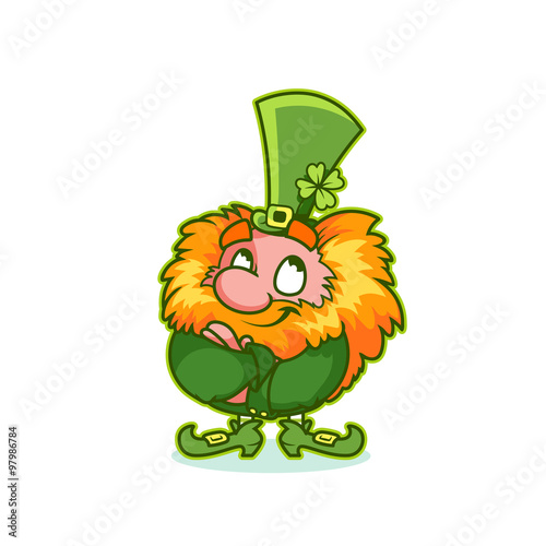 Satisfied Leprechaun in green costume.