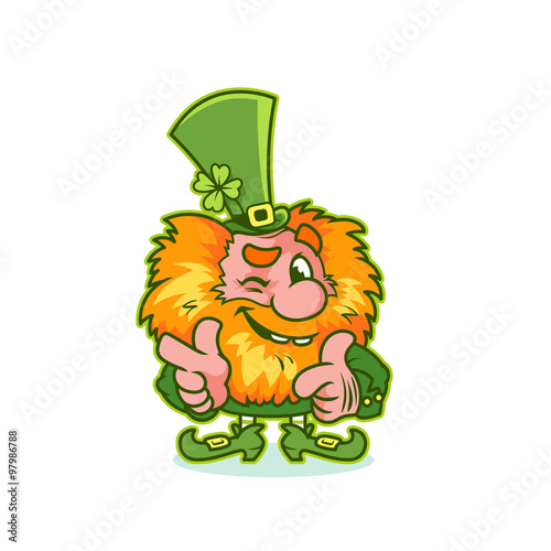 Winking Leprechaun in green costume.