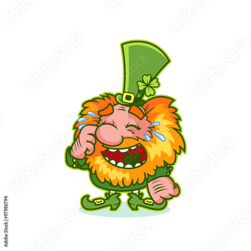 Laughing Leprechaun in green costume.