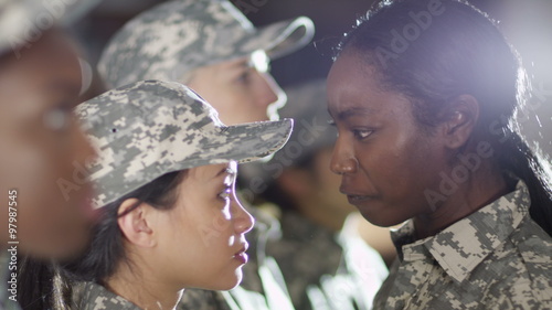  Mixed ethnicity female soldiers standing to attention and being yelled at by drill sergeant. Shot on RED Epic.