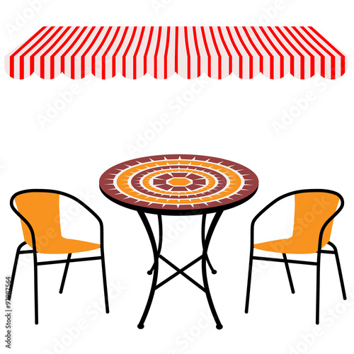 Table, chairs and awning