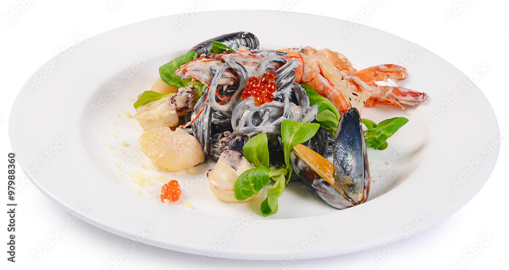 The black spaghetti with seafood closeup The black spaghetti with seafood closeup