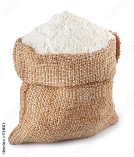 flour in burlap sack isolated on white