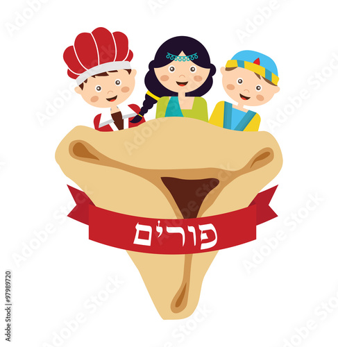 kids wearing costumes from Purim story. arranged around Hamantaschen