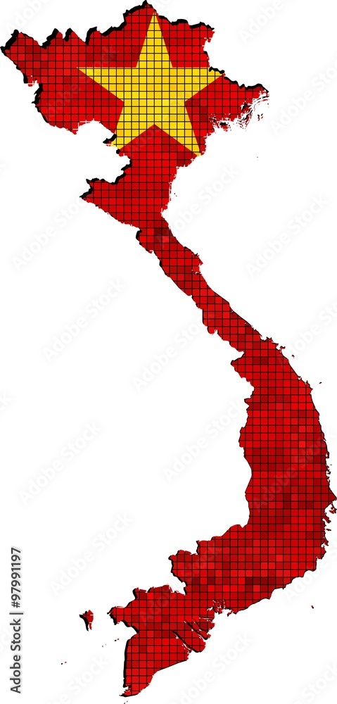 Obraz premium Vietnam map with flag inside, Vietnam map grunge mosaic, Vietnam flag in mosaic, Abstract grunge mosaic vector