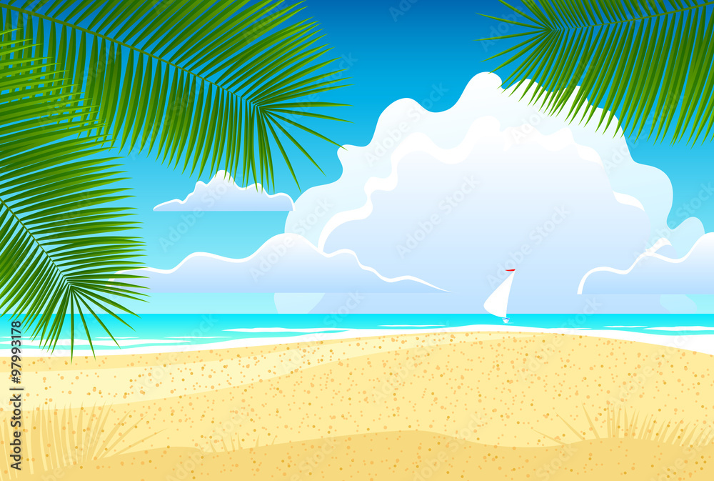 Sea landscape with palm trees. Vector illustration