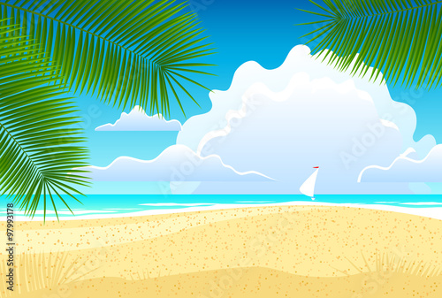 Sea landscape with palm trees. Vector illustration