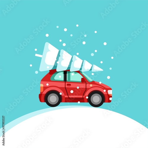 Small red car with christmas tree on the top. Preparing for Christmas. Vector Illustration.