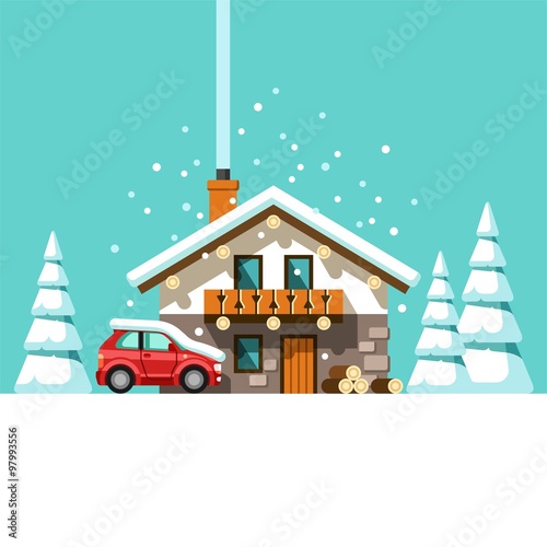 Winter holidays. Vacation on resort. House in forest. Vector illustration.