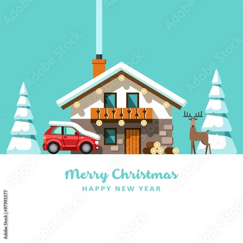 Winter holidays. Vacation on resort. House in forest. Christmas card background poster. Vector illustration.