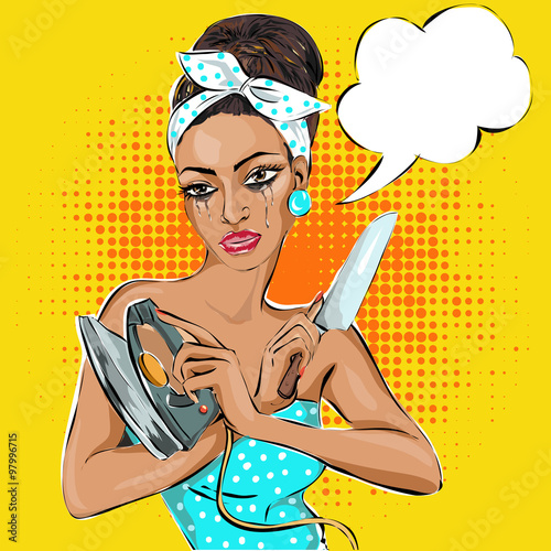 Pin-up woman portrait with knife and iron