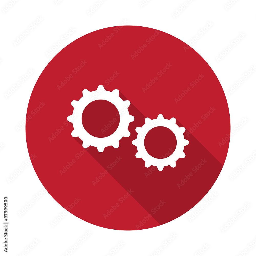 Flat Gears icon with long shadow on red circle Flat Gears icon with long shadow on red circle