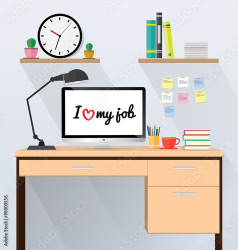 Computer desk, workplace cartoon, business concept, vector