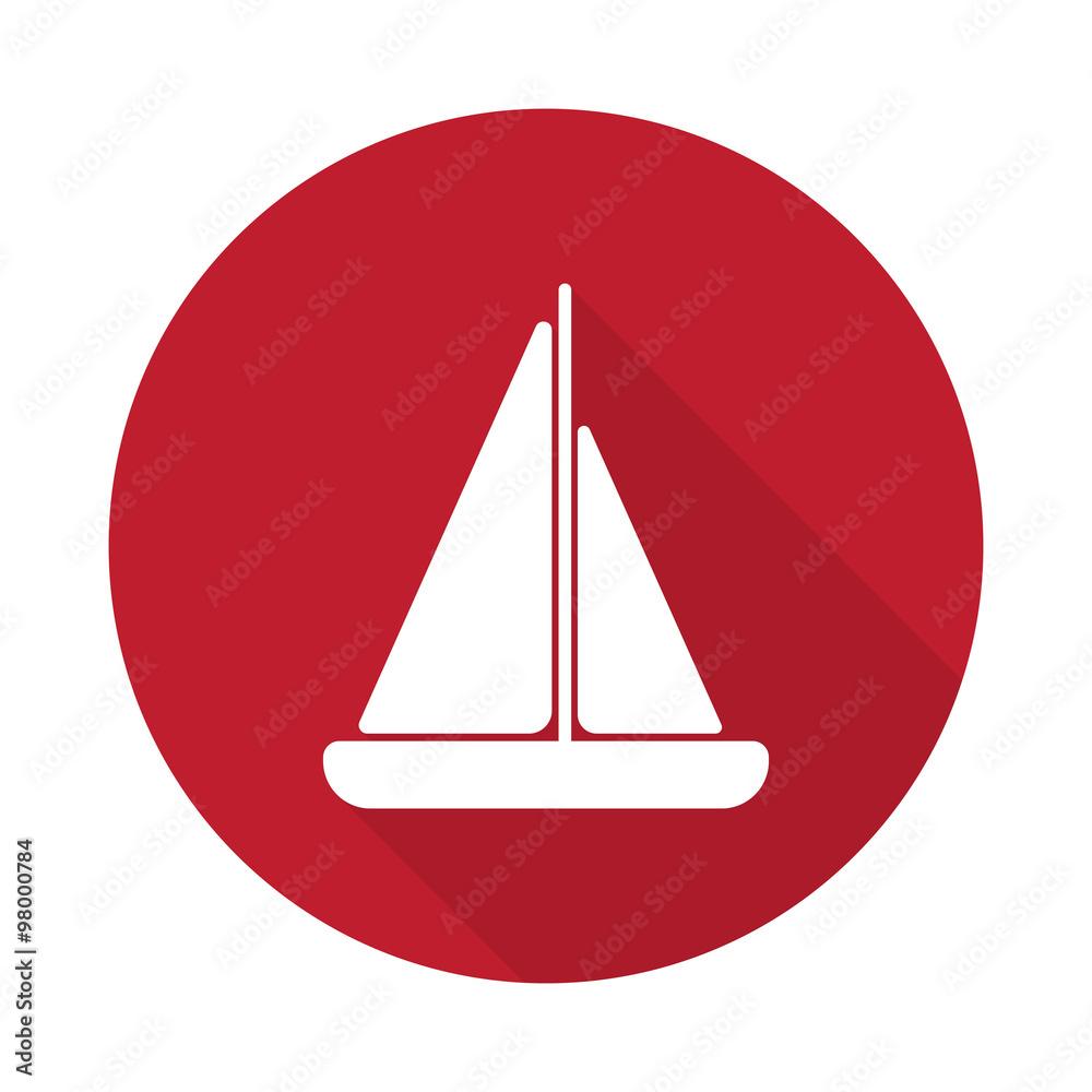 Flat Sailboat icon with long shadow on red circle Flat Sailboat icon with long shadow on red circle