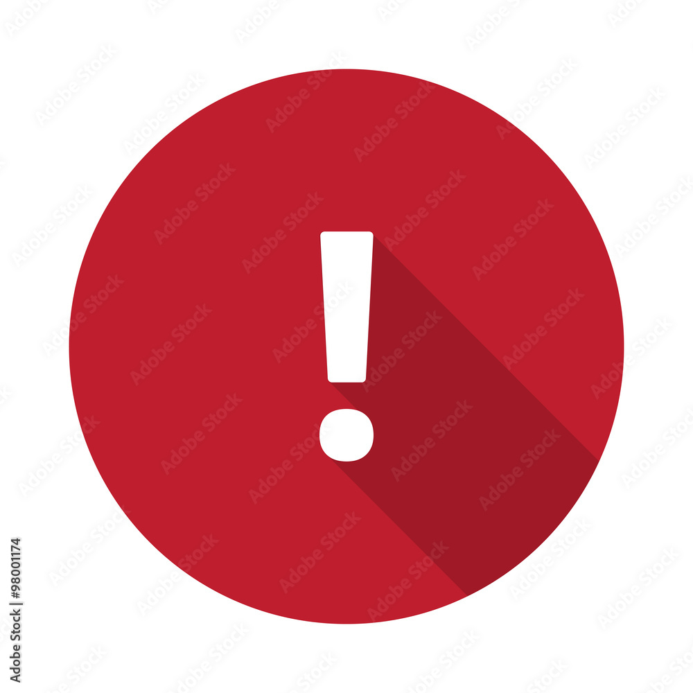 Flat Exclamation Mark icon with long shadow on red circle Flat Exclamation Mark icon with long shadow on red circle
