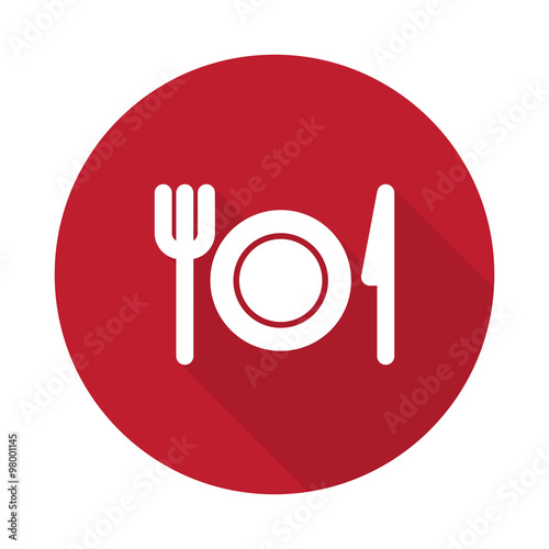 Flat Dinner icon with long shadow on red circle