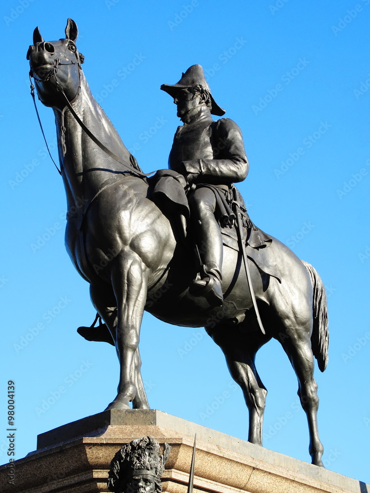 The Victorian bronze equestrian statue of the Duke of Wellington on his horse Copenhagen stands at Hyde Park Corner, London, England,UK. It was sculpted by Joseph Boehm and was unveiled in 1888 The Victorian bronze equestrian statue of the Duke of Wellington on his horse Copenhagen stands at Hyde Park Corner, London, England,UK. It was sculpted by Joseph Boehm and was unveiled in 1888