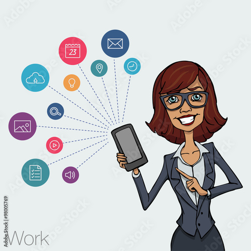 Girl in business suit showing a smartphone screen.