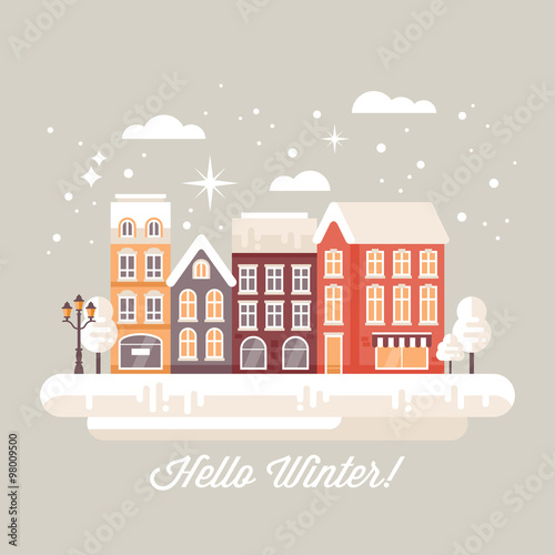 Winter town landscape with buildings and trees