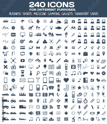 Set of 240 icons for different purposes : business,sport, medicine, camping, gadgets, transport, users.