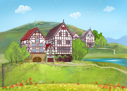 Germany. Europe. Sights.
  Alpine meadows and beautiful houses in the style Fachwerk
