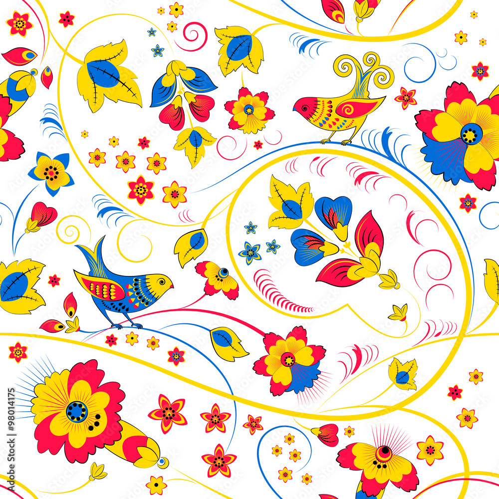 Floral seamless pattern with birds