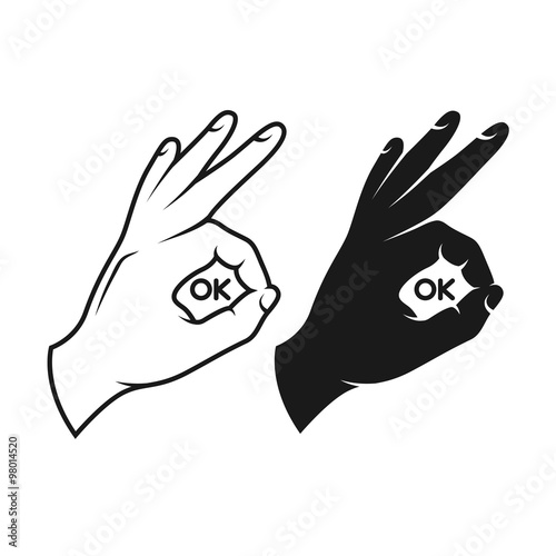 Hand making okay sign. Black and white variants.