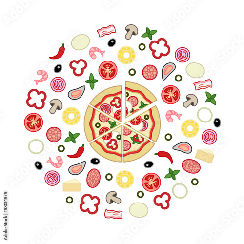 Top View Pizza ingredients in the circle composition and sliced pizza in the centre.
