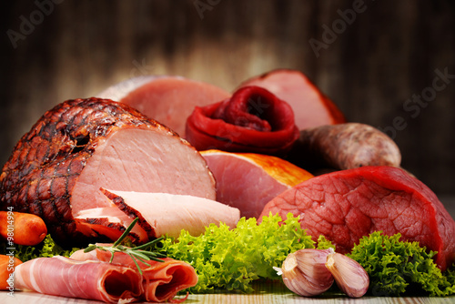 Photography Meat products including ham and sausages