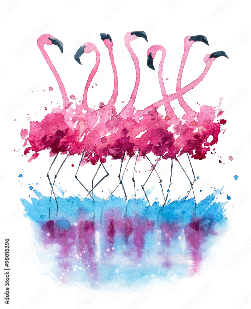 Flamingos watercolor painting 