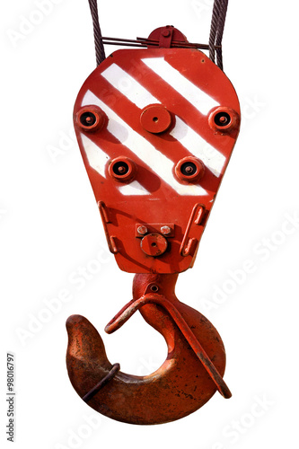Lifting hook of a construction crane on white background