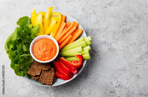 Assorted fresh vegetables with dip Healthy eating