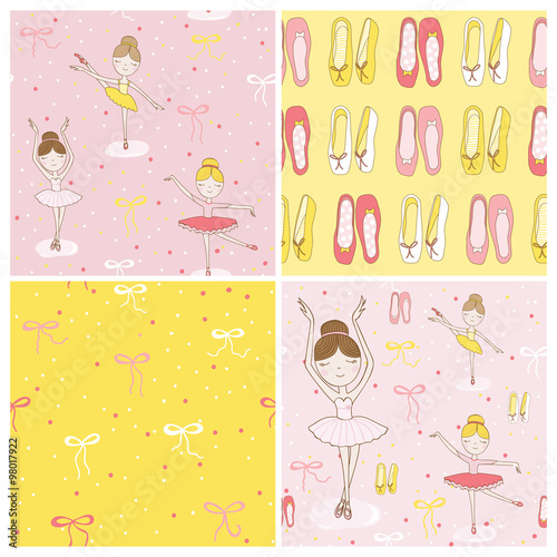 Cute Balerina Background Set - 4 Seamless Pattern