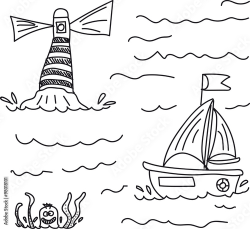 the boat sails to sea past the lighthouse, in the water it is threatened by a giant octopus, black and white, on a transparent background