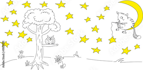 cat sitting on the moon and catches the bait of the stars at the bottom of the tree with the owl, yellow month and yellow stars, the picture on a transparent background