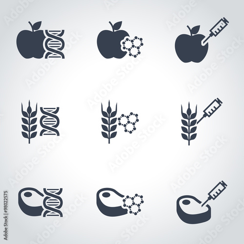 Vector black genetically modyfied food icon set. Genetically Modyfied Food Icon Object, Genetically Modyfied Food Icon Picture, Genetically Modyfied Food Icon Image - stock vector