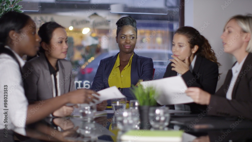 Female business group in a meeting - Lady boss watches over the rest of her team. Female business group in a meeting - Lady boss watches over the rest of her team.