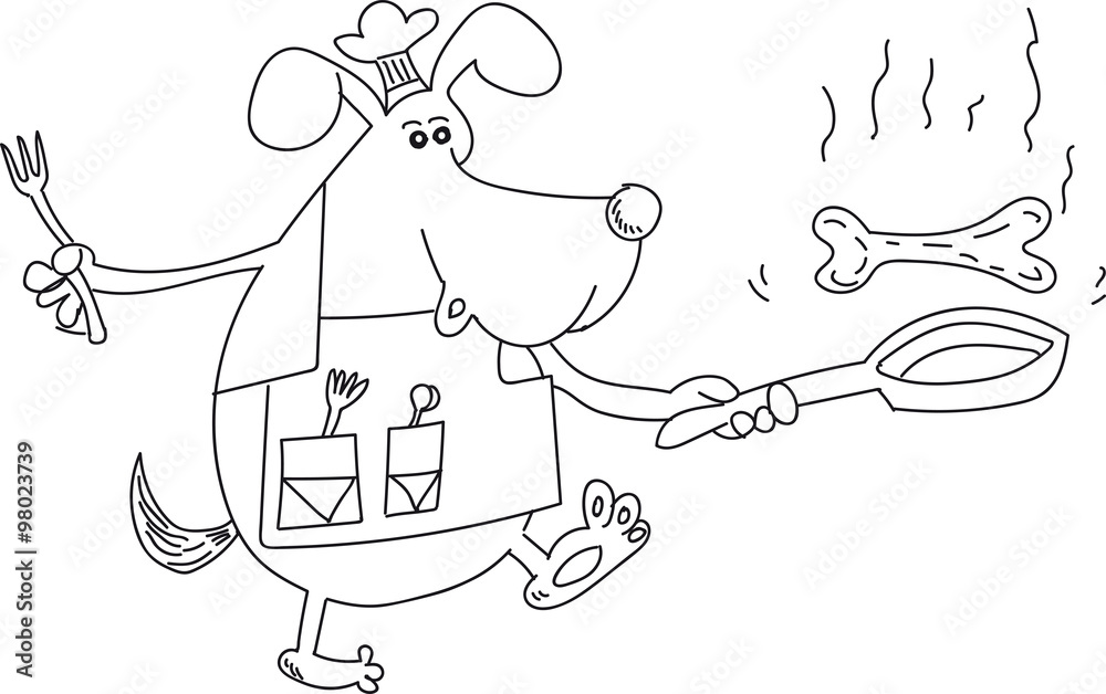 Obraz premium Dog chef holding a pan in his other hand is holding a fork, a black-and-white image on a transparent background