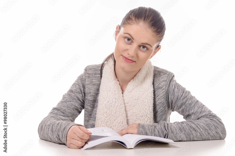 beautiful girl reading a book on white background beautiful girl reading a book on white background