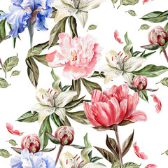 Watercolor pattern with flowers iris, peonies and lilies, buds and petals.