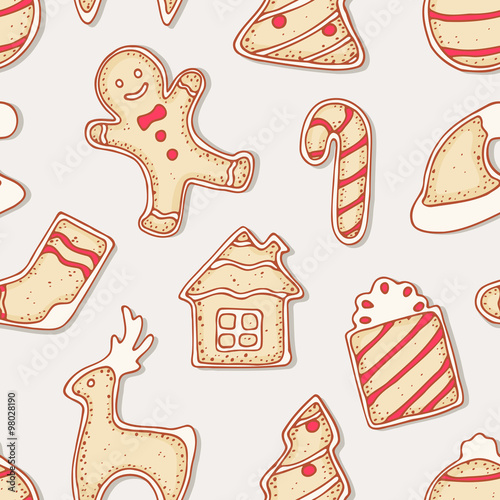 Hand drawn gingerbread cookies seamless pattern. Holiday food background