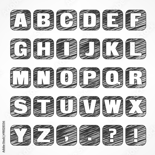 Alphabet icons, caps sketch letters in grey on white, vector
