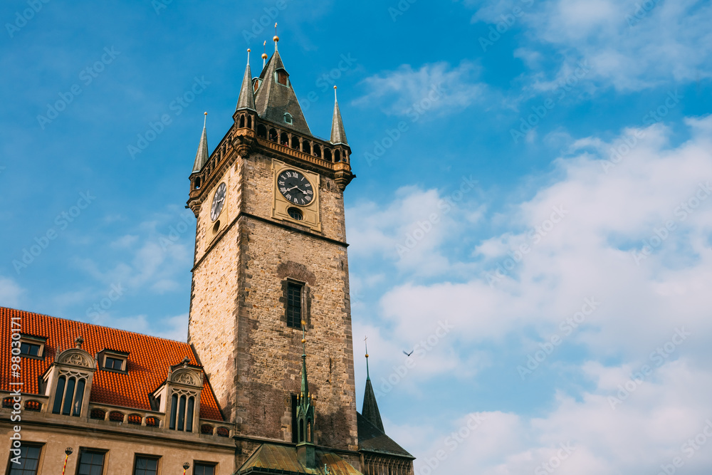 Tower of town hall in Prague, Czech Republic.