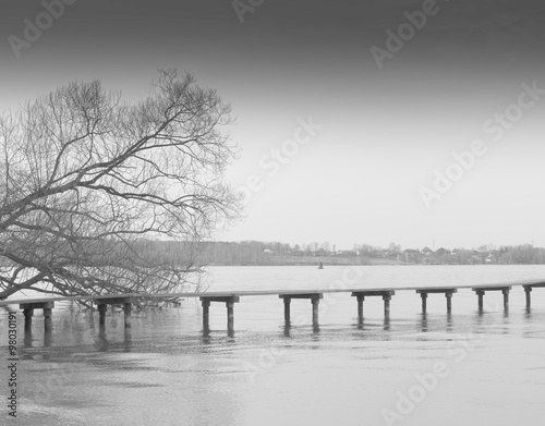 Horizontal bright black and white bridge on river background bac © spacedrone808