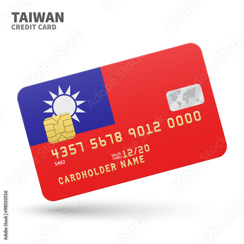 Credit card with Taiwan flag background for bank, presentations and business. Isolated on white