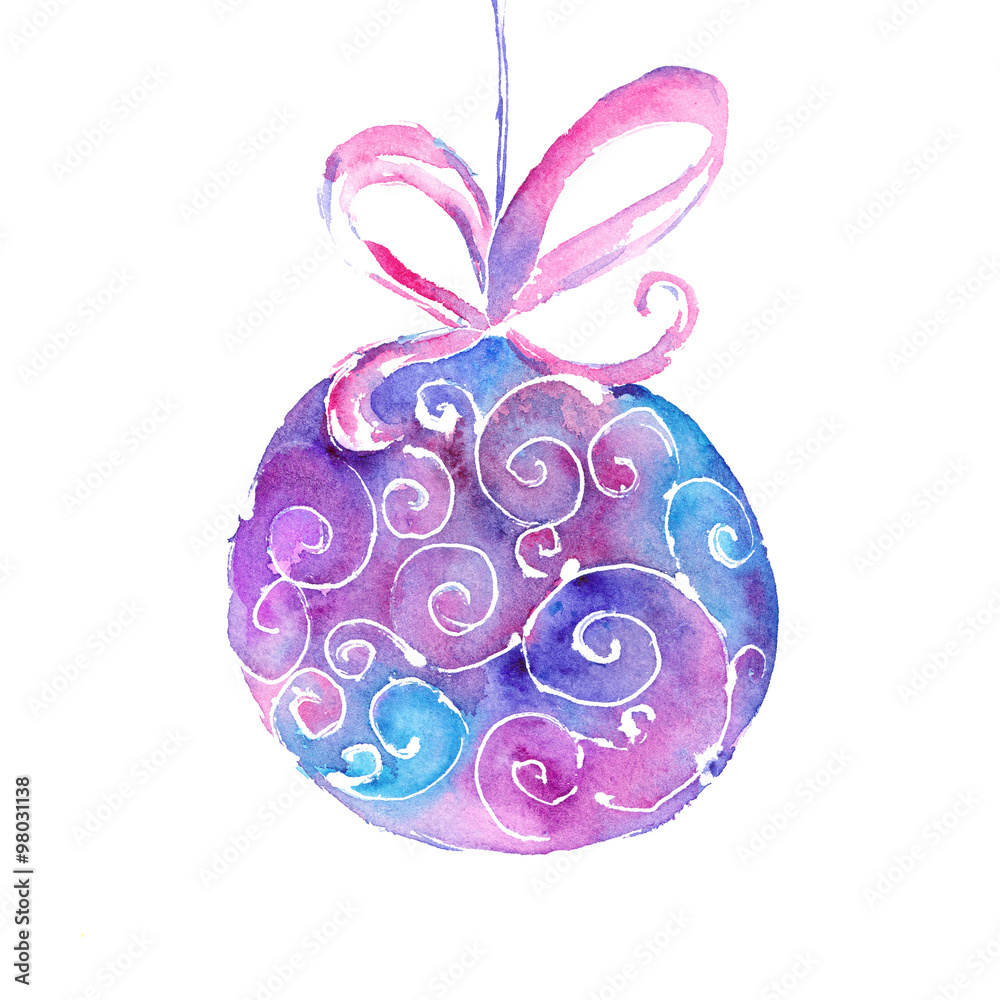 watercolor Christmas tree ball with a ribbon on a white background watercolor Christmas tree ball with a ribbon on a white background